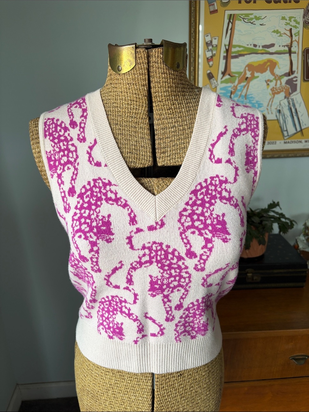 Anthropologie V-Neck Sweater Vest with Hot Pink Leopard Motif